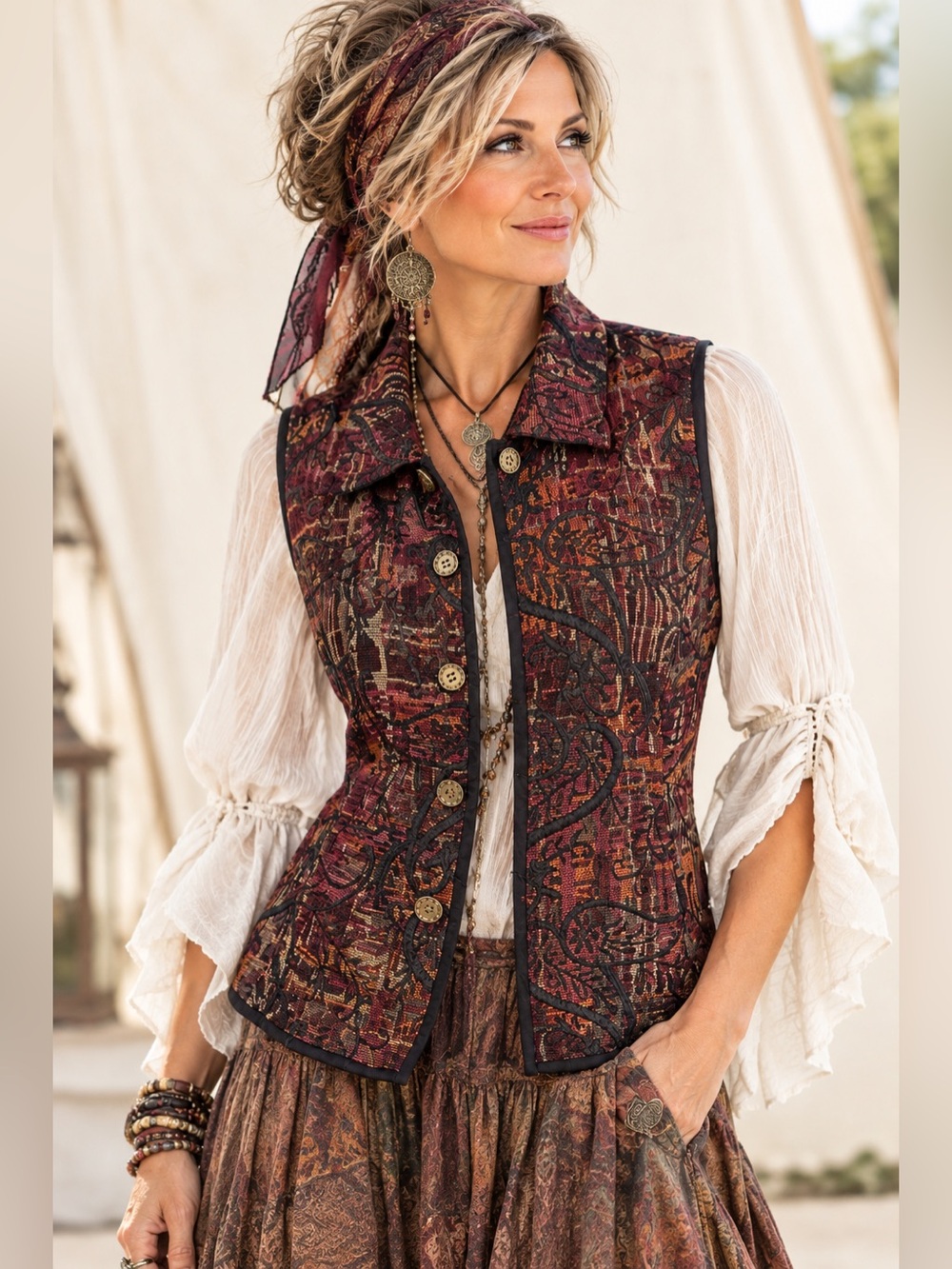 Women's 90s Y2K Ren Fair Festival Tapestry Burgundy Black Vest Whimsigoth MED